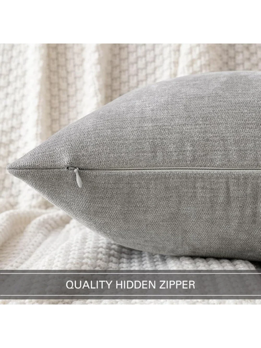 Soft Chenille Decorative Pillow Covers - Set of 2 Light Grey 18x18 Inch Cushions